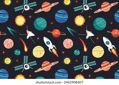 Outer space seamless pattern, planets and spaceship doodles, colored ornament of comets, satellites icons, vector illustrations of cosmic objects on dark background, astronomy colored pattern