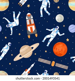 Outer space seamless pattern. Print with dancing astronaut, spaceships, satellite, stars and planets. Cosmic adventure flat vector texture. Illustration galaxy and cosmos, wallpaper cosmic