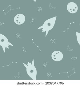 Outer space seamless pattern. Repetition of the banner of the galaxy, constellations, rockets. Neutral background for packaging, textiles, phone cases.