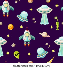 Outer space seamless pattern with rockets, planets, aliens. Vector illustration.