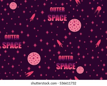 Outer space seamless pattern with spaceships, asteroids and stars in the retro style of the 80's. Vector illustration.