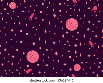 Outer space seamless pattern with spaceships, asteroids and stars in the retro style of the 80's. Vector illustration.