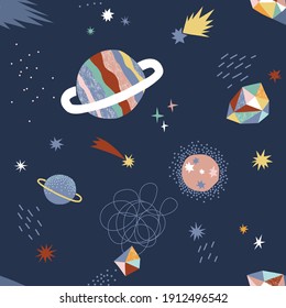 In outer space seamless vector pattern. Cosmic celestial bodies graphic print design for kid fabric