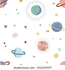 In outer space seamless vector pattern. Cosmic celestial bodies graphic print design for kid fabric