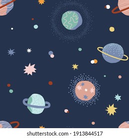 In outer space seamless vector pattern. Cosmic celestial bodies graphic print design for kid fabric