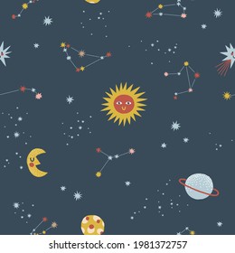 In outer space seamless vector pattern. Night sky with star crescent comet planet constellation Milky Way background. Cosmic celestial bodies graphic print design for kid fabric