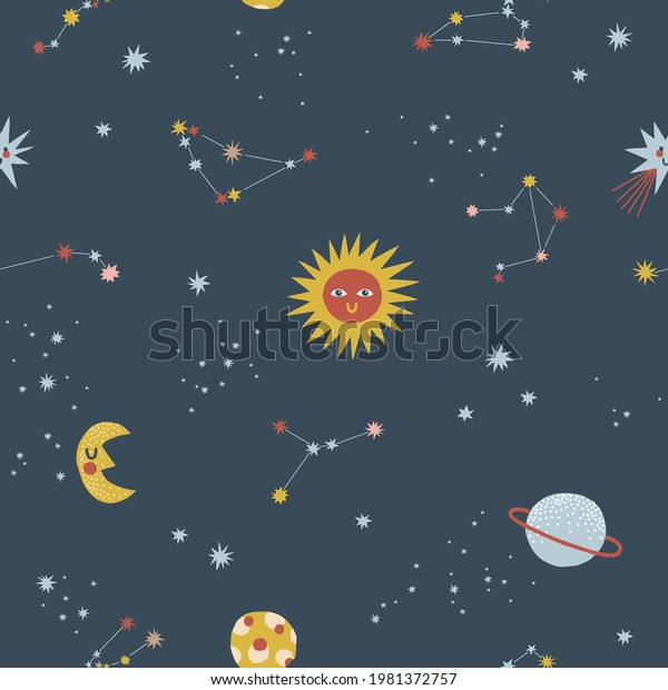 In outer space\
seamless vector pattern. Night sky with star crescent comet planet\
constellation Milky Way background. Cosmic celestial bodies graphic\
print design for kid fabric