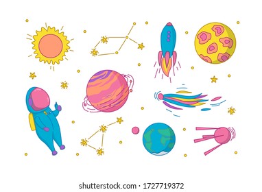 Outer space set with astronaut, planets, constellations and other cosmic objects. Vector illustration in cute cartoon style