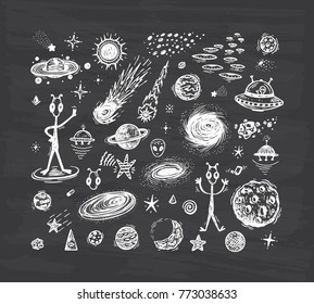 Outer Space Set. Cartoon Galaxy. Vector Universe. Hand Drawn Doodle Cosmic Space: Planets, Stars, UFO, Funny Aliens, Black Hole, Comets. Cosmos