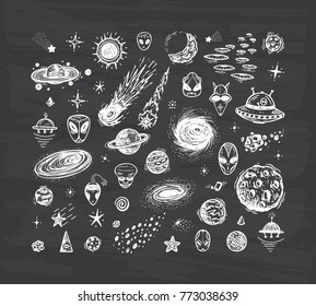 Outer Space Set. Cartoon Galaxy. Vector Universe. Hand Drawn Doodle Cosmic Space: Planets, Stars, UFO, Alien Face, Black Hole, Comets. Cosmos
