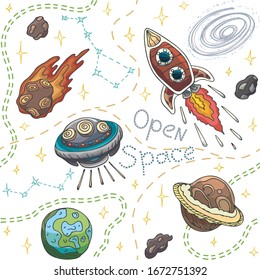 Outer space set, cosmic adventure on starship, vector colorful seamless pattern with doodle style, isolated objects in open space, cute cartoon astronomical white backdrop for kids