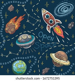 Conjunto del espacio exterior, aventura cósmica sobre el estrellamiento, patrón vectorial transparente con estilo doodle, objetos en el espacio abierto, tierno dibujo de fondo astronómico azul oscuro para los niños