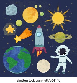Outer space set. Cosmic journey collection. Textured cartoon style.