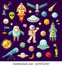 Espacio exterior con cohetes, planetas, astronautas, ufo barcos, telescopio, satélite. Excelente para la invitación de cumpleaños, logotipo, afiche, banner, parche, patrón. Ilustración vectorial aislada en segundo plano.