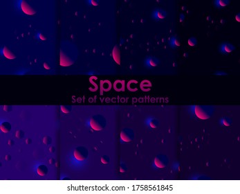 Outer space set of seamless pattern. Galaxy with cosmic objects and bright lights. Bokeh effect. For brochures, promotional material and wallpaper. Vector illustration