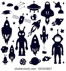 Outer space silhouettes cosmo symbols vector set