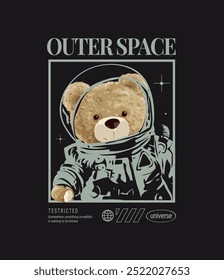 sloga espaço exterior com boneca de urso na ilustração de vetor de traje espacial em moldura quadrada