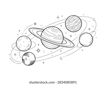 Outer Space Solar System Galaxy Orbit Vector Illustration with Saturn Planets Moons and Sparkling Stars