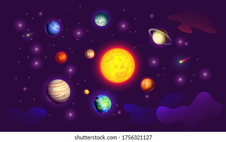 Outer space, solar system with planets in the starry sky. Design for banner, poster. Stock vector illustration.