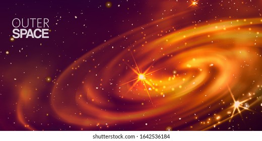 Outer space and spiral galactic on deep purple space background with bright stars and constellations background, vector illustration. Nebula milky way outer space galaxy with shining stars.