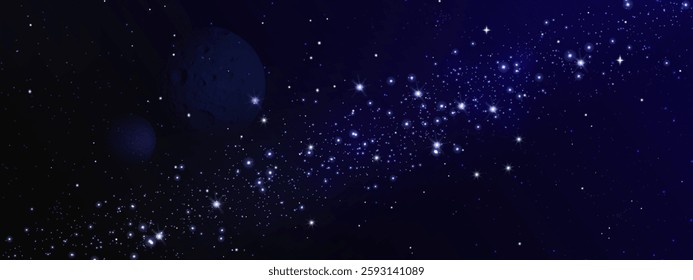 Outer space starry sparkle background with bright cosmic dust and glowing celestial bodies. Deep blue galaxy with twinkling stars and nebula elements. Distant planets silhouette among constellation.