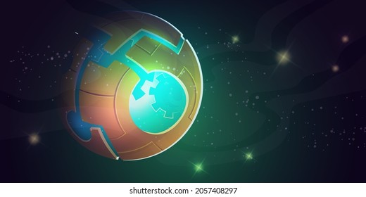 Outer space with stars and artificial satellite, planet or galaxy station. Vector cartoon illustration of cosmos with futuristic alien sputnik or spaceship with neon blue glow in metal sphere