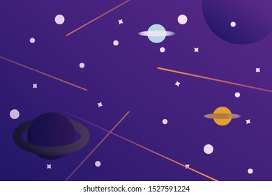 Outer space with stars, comets with long tails, planets with rings and dark blue background, vector illustration