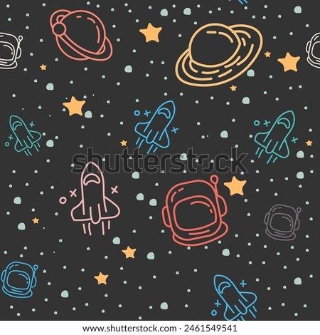 outer space stars planet seamless pattern outline black backgtound