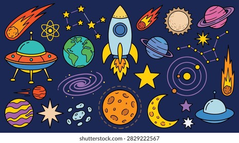 Outer space themed element pack featuring a cute doodle style, planets, rockets, flying saucers, stars, constellations, and moons