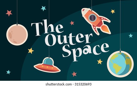 The Outer Space Title. Colorful Decorations on Background: Rocket, UFO, Planets and Stars. Vector Illustration