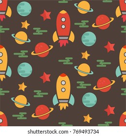Outer space trip planets and space ship seamless vector pattern. Children Seamless pattern with cartoon space rockets, planets, stars.