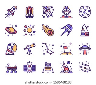 Outer space and universe color linear vector icons set. Astronomy contour symbols. Satellite, astronaut, moon, planet, spaceship. Cosmos and galaxy exploration outline illustrations collection