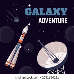 Outer space, universe and galaxy adventure. Exploration and discovery of new life forms with help of techniques and devices. Floating rocket and satellite, antenna gathering info. Vector in flat style