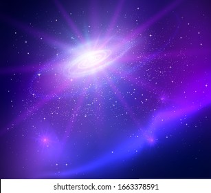 Outer space with universe spiral vector background in violet colors.