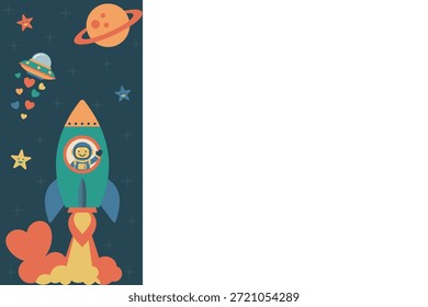 Fondo del día de San Valentín del espacio exterior con espacio de copia de borde lateral. Plantilla amigable para niños con cohete astronauta y OVNI. Diseño plano de Vector para la tarjeta de felicitación del vivero sobre fondo azul oscuro.