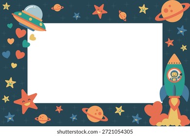 Outer space Valentine's Day frame with copy space. Boy-friendly background featuring rockets, UFOs, and smiling stars. Vector flat design border for kids greeting card or science party invitation.