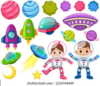 Outer Space Vector Clip Art. Astronaut, Kids, Spaceship, UFO, Planets, Star, Rocket.
