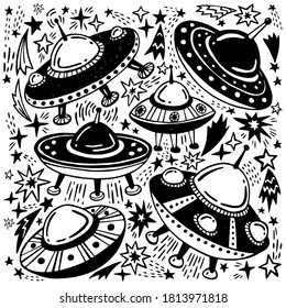 Outer space vector doodle set. Various 
flying saucers, spaceships. Ufo hand drawn icons. Stars, space objects, asteroids, aliens.