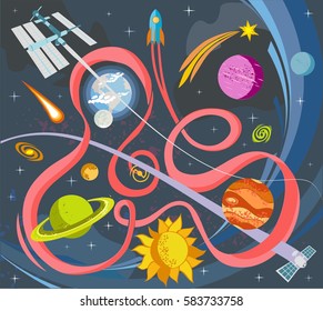 Outer Space vector doodles, symbols and design elements, spaceships, planets, stars, rocket, sun, satellite
