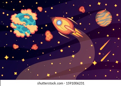 Outer Space Vector. Flat Style Rocket. Planets In The Univers.