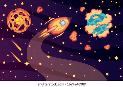 Outer space vector. Flat style rocket. Planets in the univers.