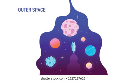 Outer space vector illustration with abstract shape and planets