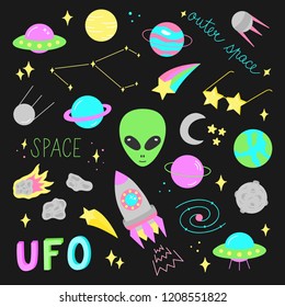 Outer space vector objects and writings. Alien, ufo, planets, moon, satellite, comet, meteorite, stars, solar system,  rocket and other space icons. Cute, colorful, doodle, hand drawn galaxy set.