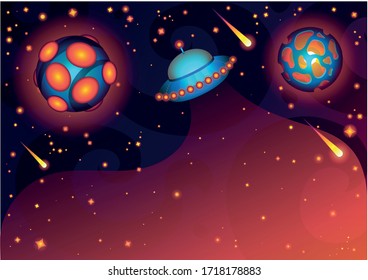 Outer space vector. Planets ufo in the univers. Gradient stile