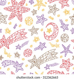 Outer space vector seamless pattern. Colorful Space Background. Sun, Moon (Crescent), Stars, Comets