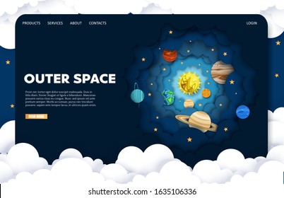 Outer space vector website template, web page and landing page design for website and mobile site development. Layered paper cut style