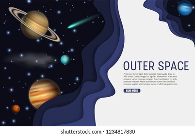 Outer space web banner template. Vector paper cut sky, planets, comet and stars. Space exploration concept, paper art style.
