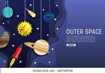 Outer space web banner template. Vector layered paper cut style Sun with solar system planets, flying rocket, comet and stars. Space journey, universe exploring concept.