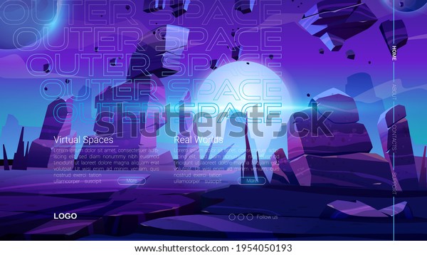 Outer space website.\
VR technologies, augmented reality with universe exploring and\
galaxy travel. Vector landing page with cartoon fantastic landscape\
of alien planet