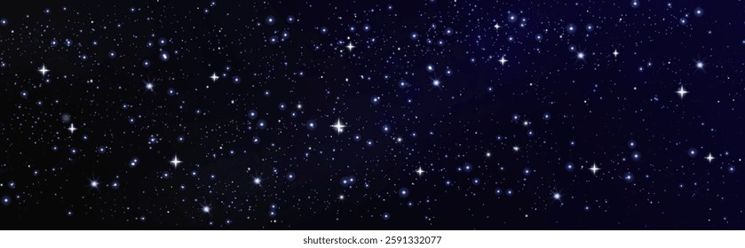 Outer starry night with bright sparkle elements scattered across dark cosmos. Twinkling celestial bodies illuminate space on mystical atmospheric backdrop. Glowing stellar astronomical pattern.